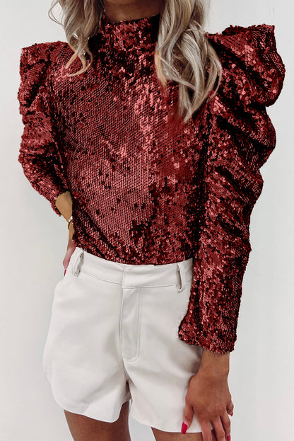 Sequin Ruched Puff Sleeve Top