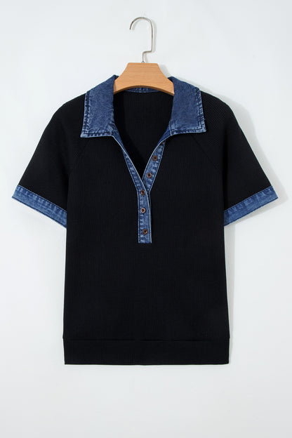 Denim Polo Collar Waffle Knit Patchwork Top
