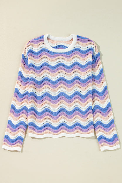 Wavy Stripe Pointelle Knit Sweater