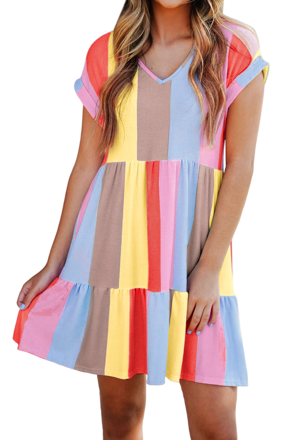 Stripe V-Neck Tiered Mini Dress