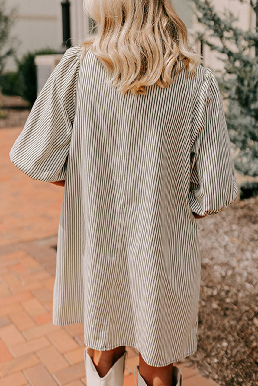 Stripe Puff Sleeve Buttoned Dress