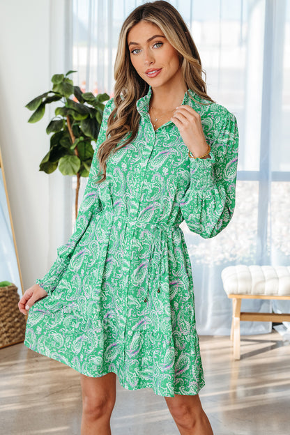 Paisley Button-Front Tied Waist Mini Dress