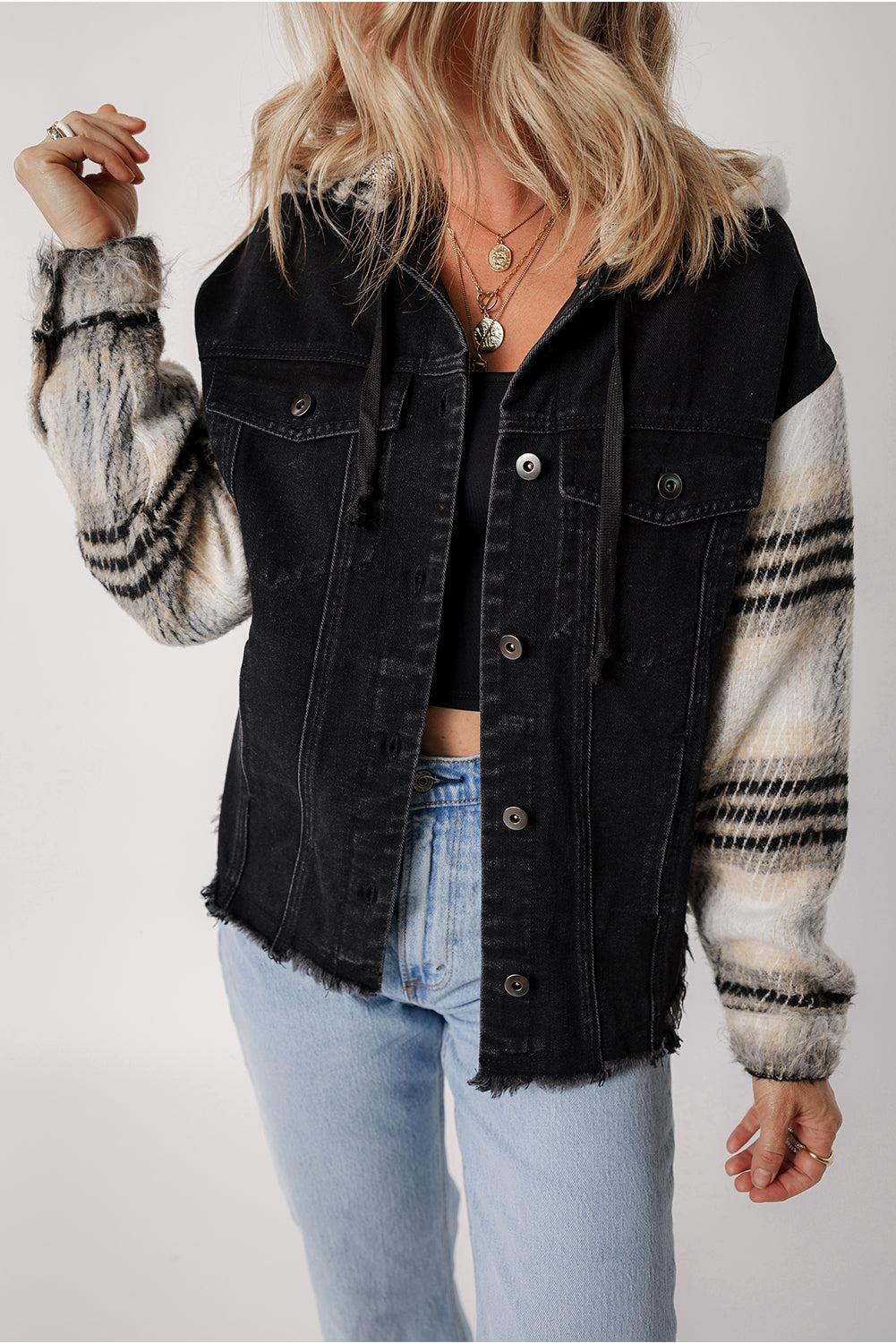 Plaid Denim Patchwork Hooded Jacket