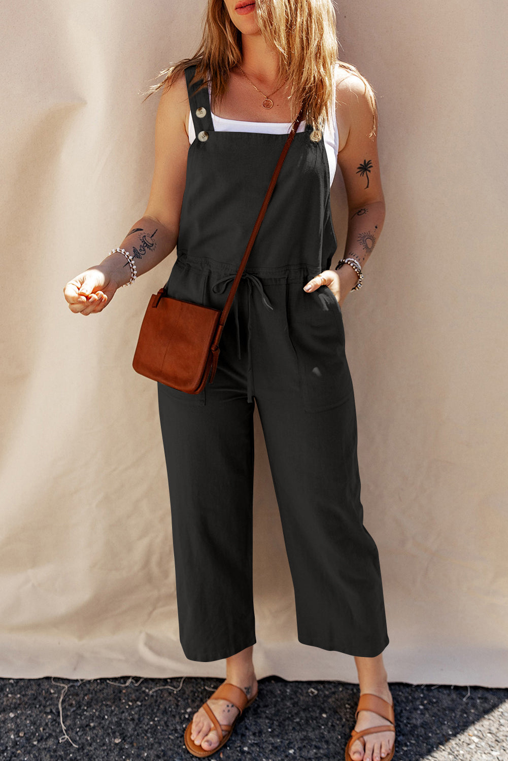 Button Straps Drawstring Cropped Overall