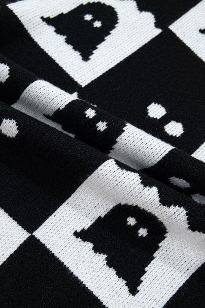Halloween Ghost Checker High Neck Drop Shoulder Sweater