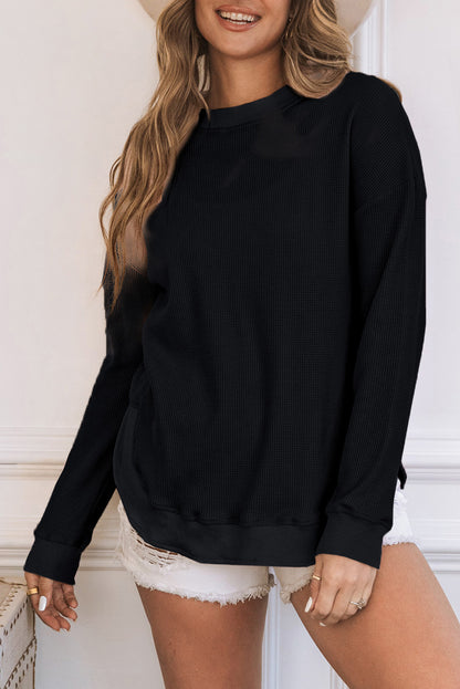 Waffle Ribbed Trim Crewneck Top