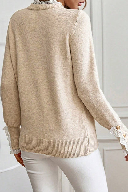 Lace Trim Patchwork Buttoned Cuff Sweater