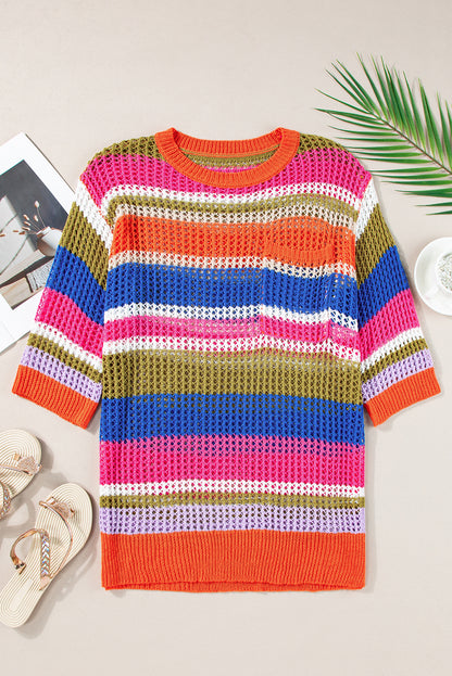 Stripe Colorblock Crochet 3/4 Sleeve Sweater