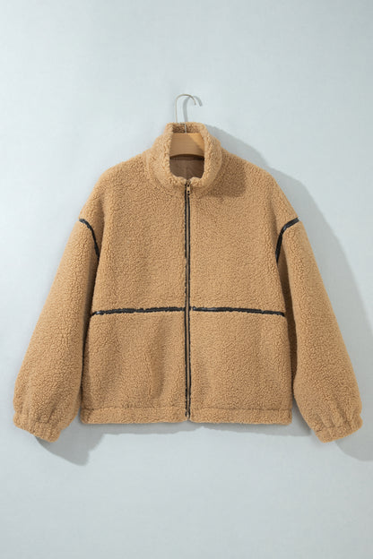 Solid Fleece Standing Collar Zip Up Jacket