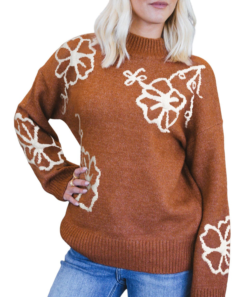 Floral Ribbed Trim Mock Neck Sweater