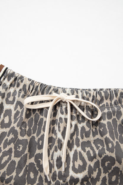 Leopard Stripe Detail Drawstring Denim Shorts