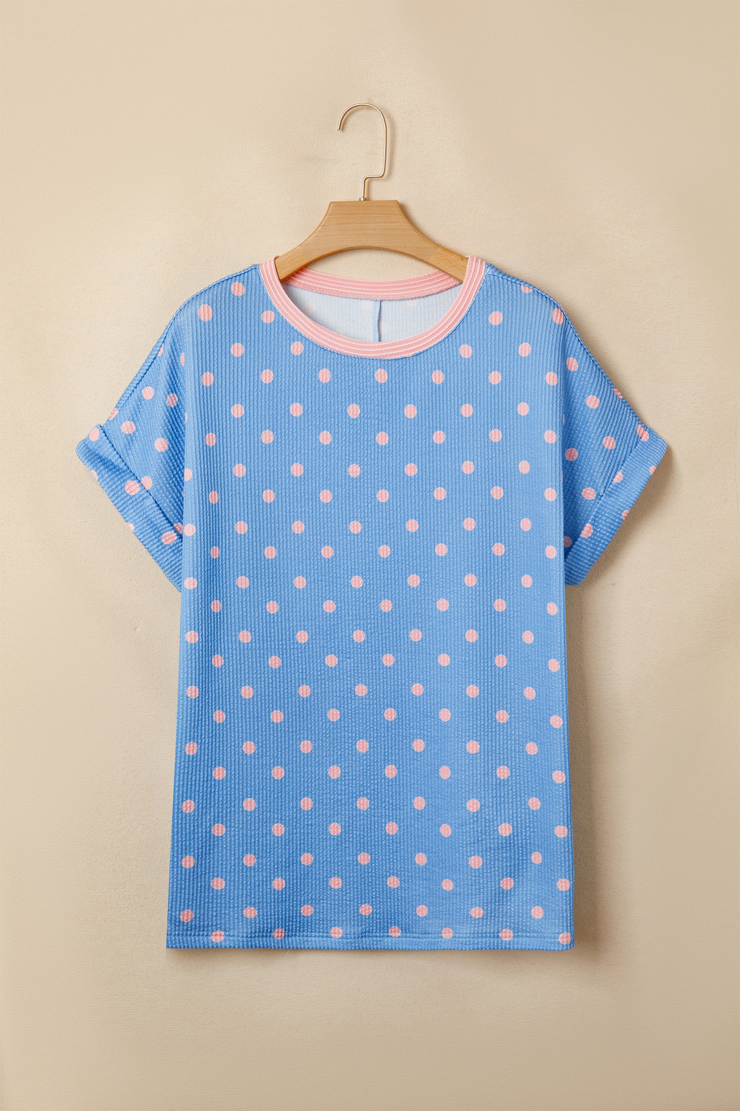 Polka Dot Raised Rib Cuffed Short Sleeve Top