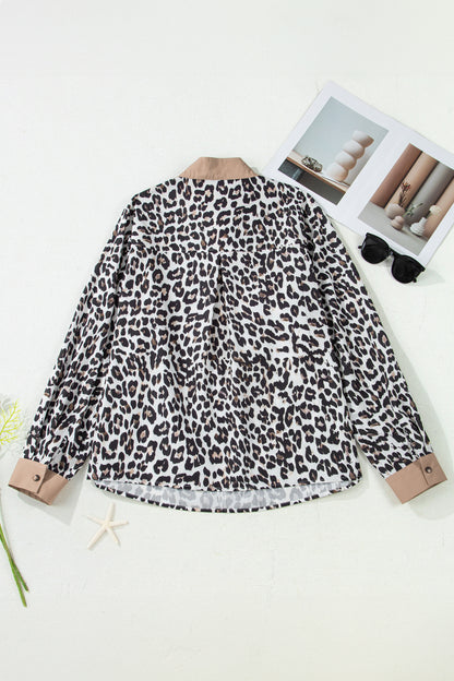 Plus Size Leopard Contrast Trim Half Button Top