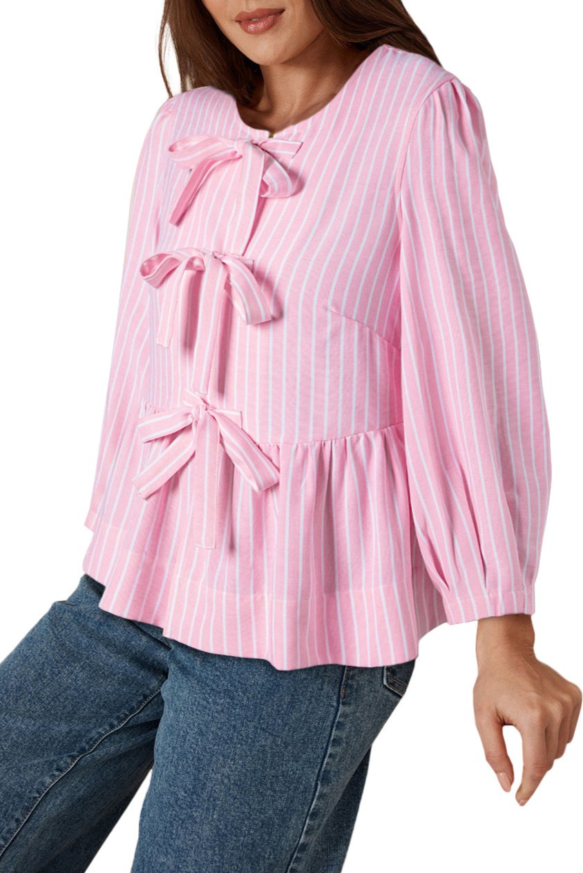 Stripe Bow Front Puff Sleeve Blouse