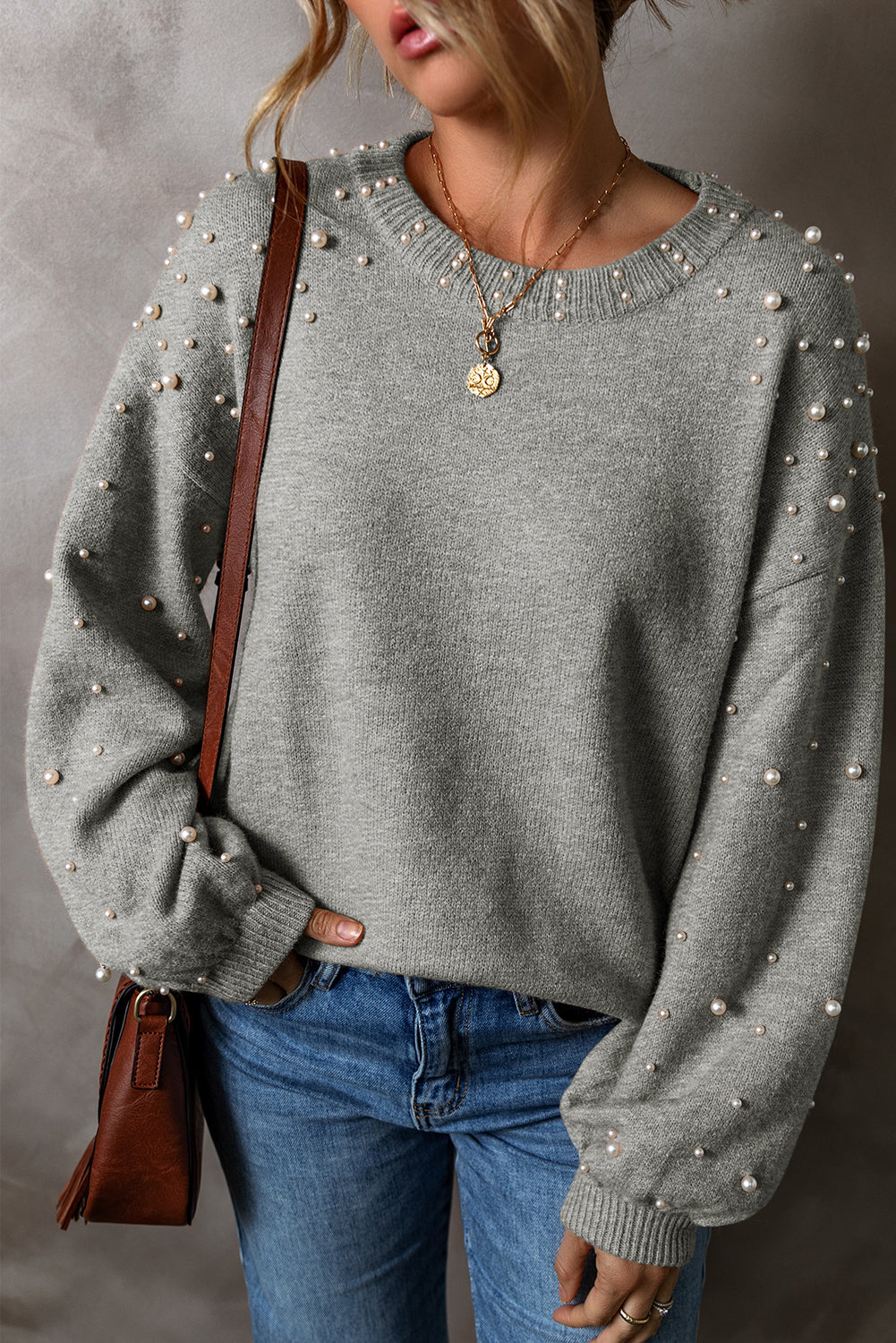 Pearl Beaded Drop Shoulder Sweater