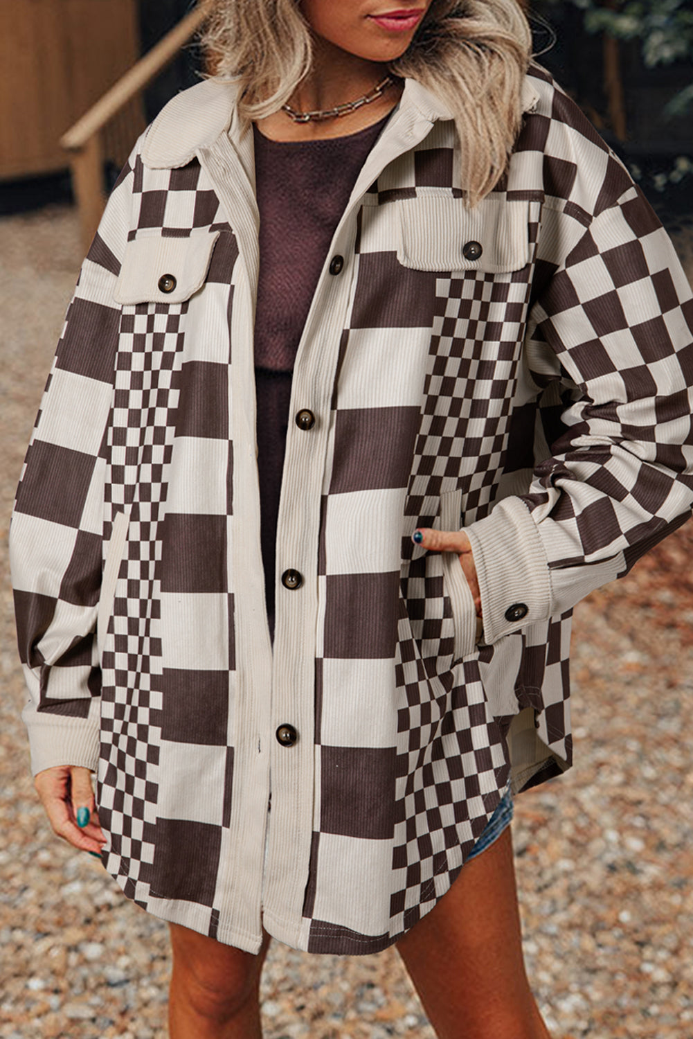 Checker Patchwork Corduroy Shacket