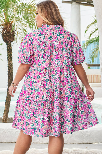 Plus Size Floral Half-Button Puff Sleeve Dress