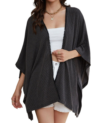 Ribbed Lace Trim Oversized Kimono