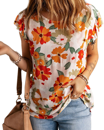 Floral Ruffle Flutter Sleeve Blouse