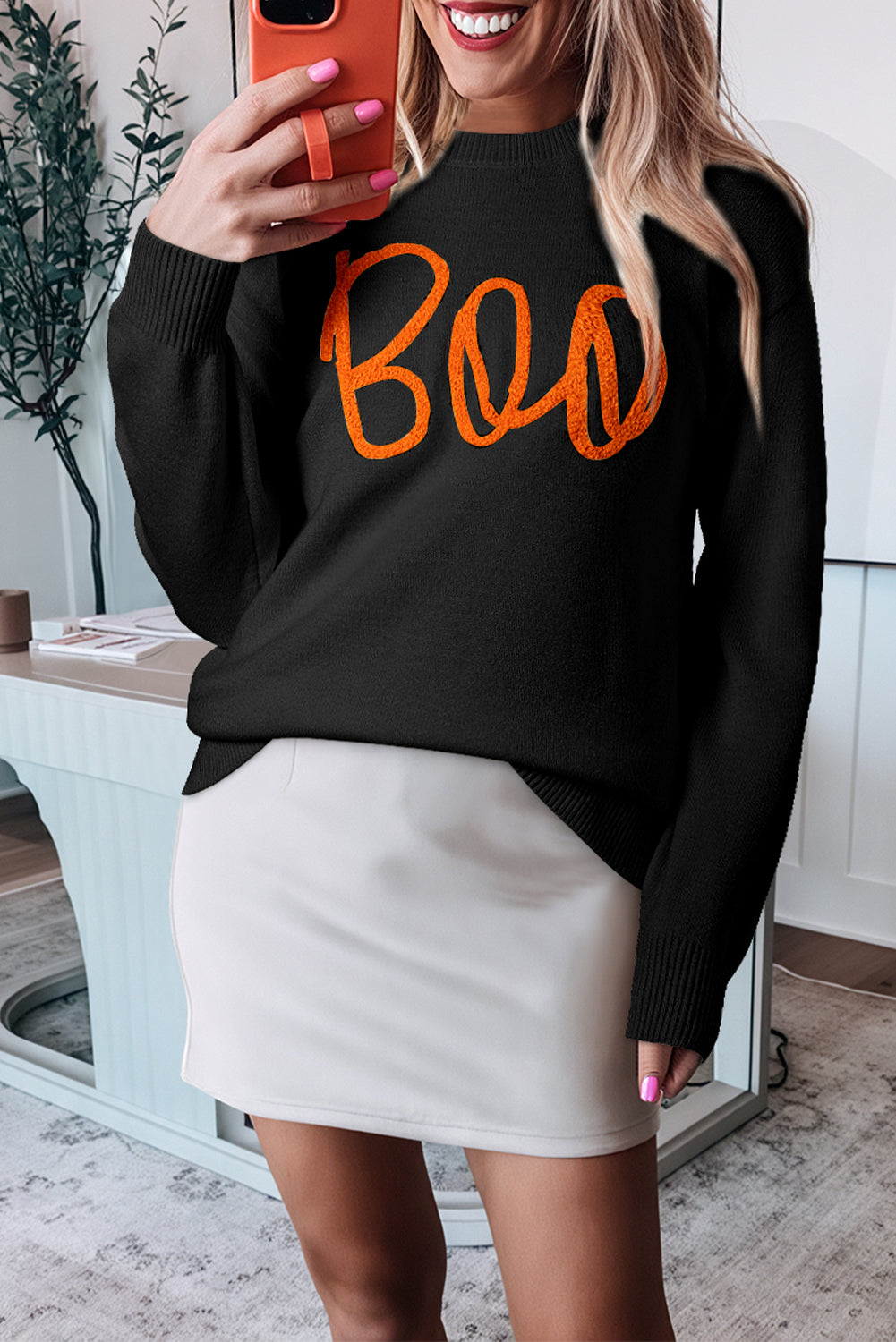 Boo Ribbed Trim Drop Shoulder Sweater