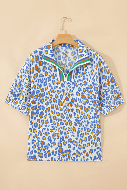 Leopard Colorblock Contrast V-Neck Short Sleeve Blouse
