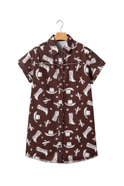 Western Cowgirl Cactus Raw Edge Denim Dress