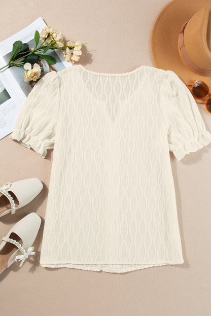 Solid Textured Notched Neck Puff Sleeve Blouse