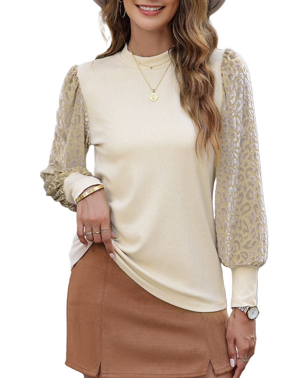 Leopard Ribbed Long Sleeve Blouse