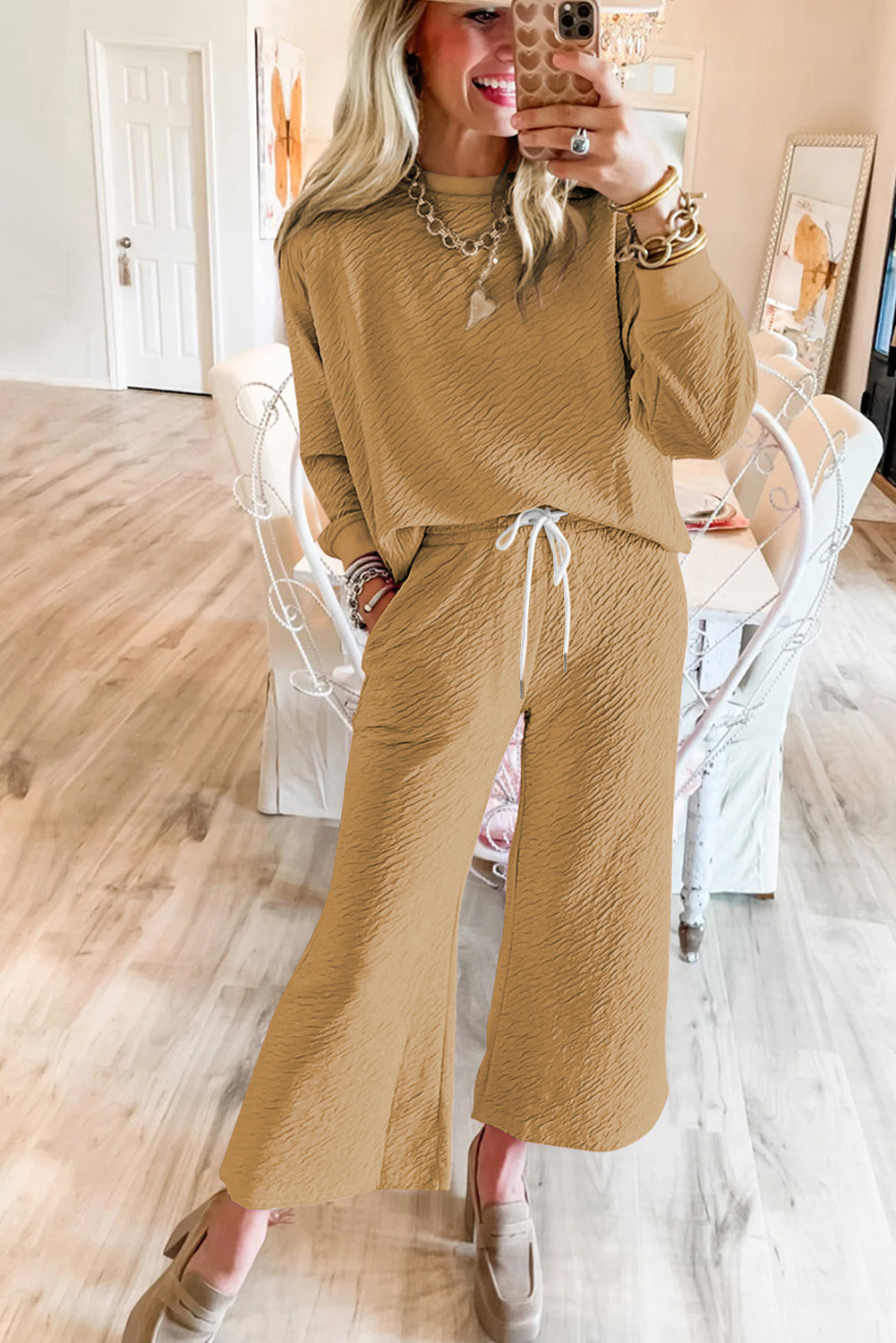 Textured Top and Drawstring Pants Set