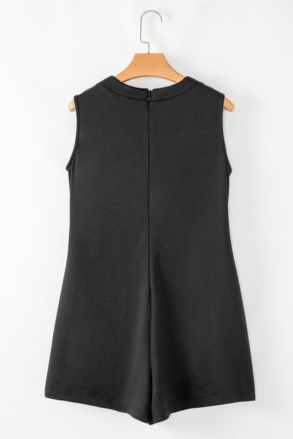 Solid Tie V-Neck Pintuck Sleeveless Romper