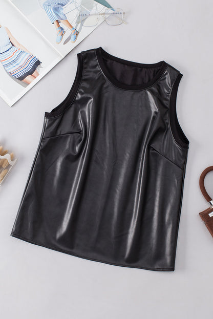 Faux Leather Crewneck Tank Top