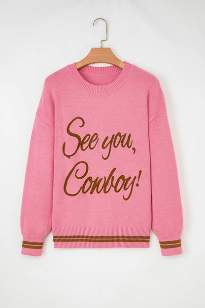 Western See You Cowboy Embroidered Stripe Cuff Sweater