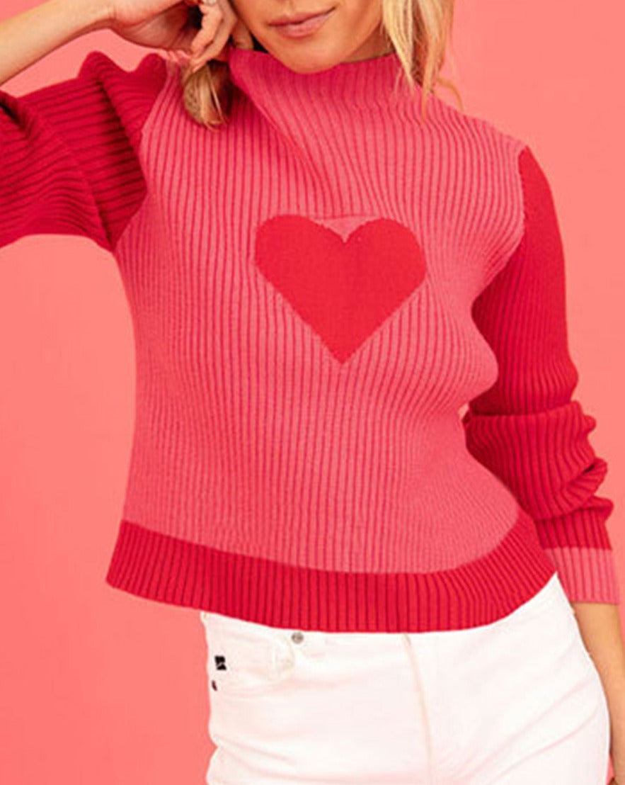 Heart Colorblock Mock Neck Sweater