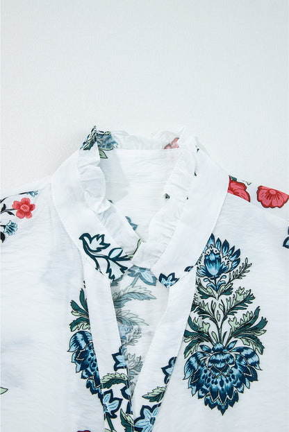 Floral Frilled V-Neck Long Sleeve Buttoned Shirt