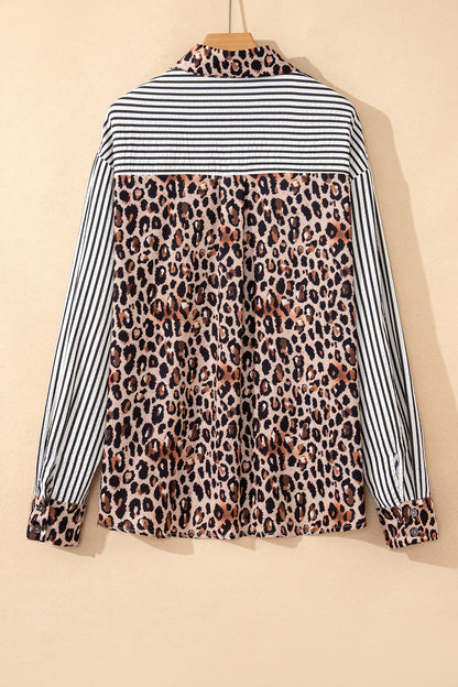 Stripe Leopard Patchwork Long Sleeve Buttoned Shirt