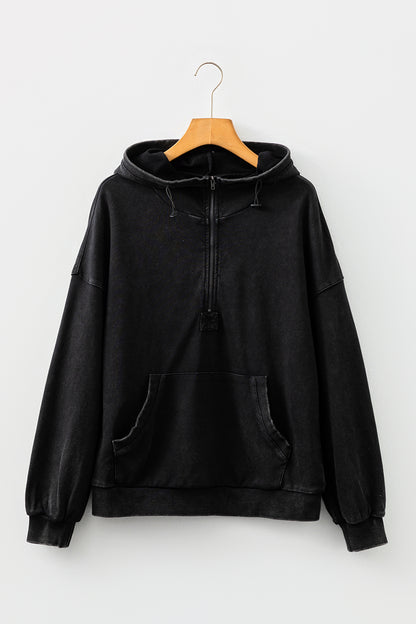 Solid Half-Zip Kangaroo Pocket Baggy Hoodie