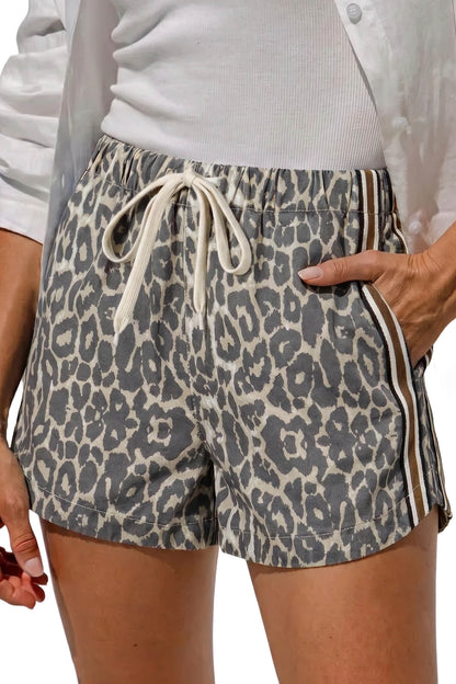 Leopard Stripe Detail Drawstring Denim Shorts