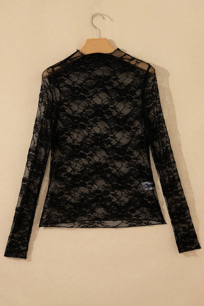 Sheer Floral Lace Mock Neck Long Sleeve Top