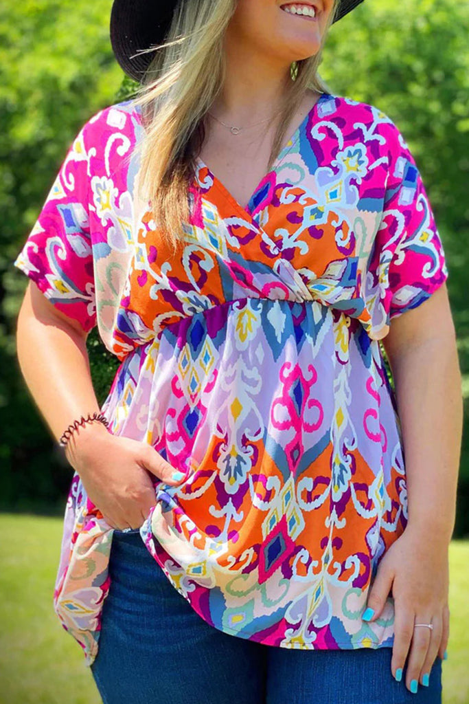 Abstract Wrap V-Neck Babydoll Blouse Plus Size