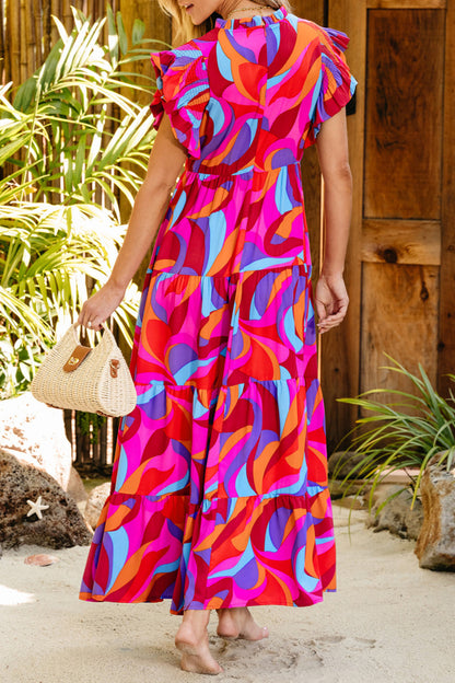 Abstract Ruffle Tiered Maxi Dress