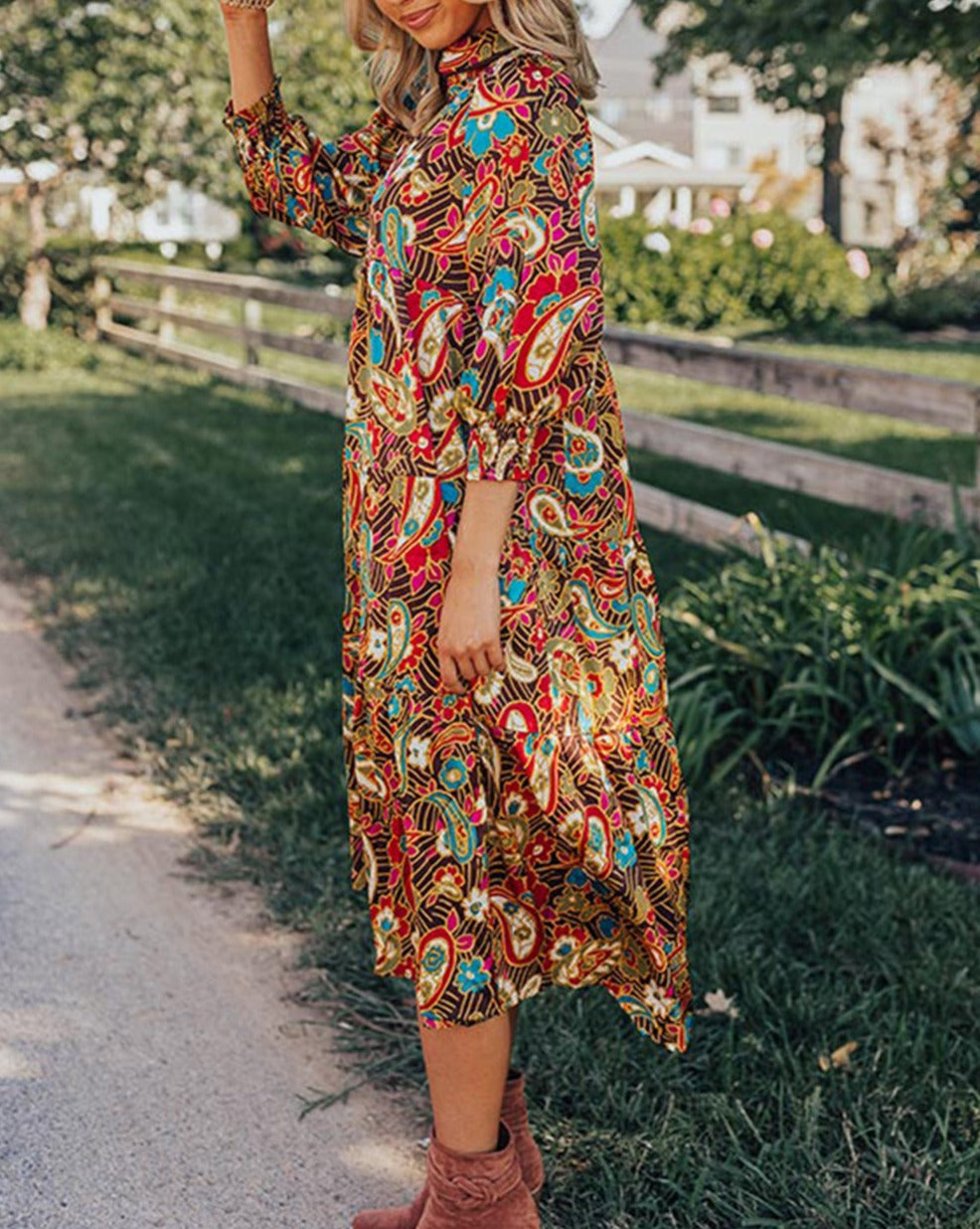 Paisley 3/4 Sleeve Collared Midi Dress