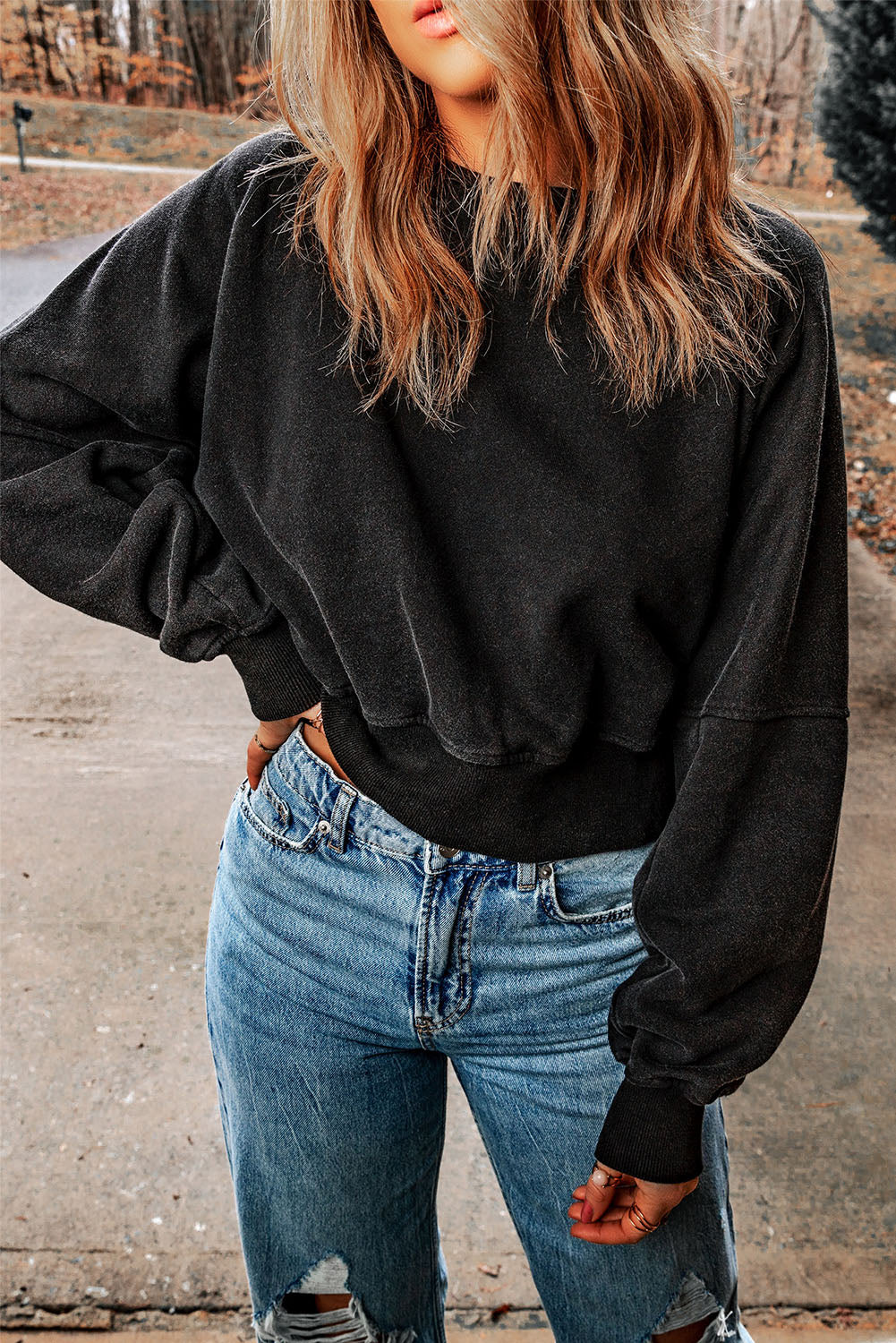 Acid Wash Open Back Sweatshirt