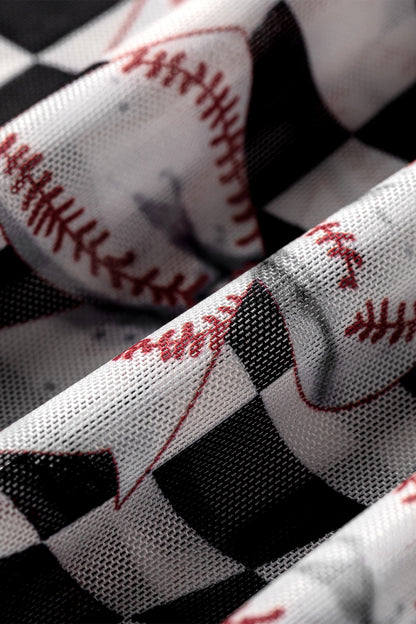 Checker Baseball Bow High Neck Long Sleeve Mesh Top