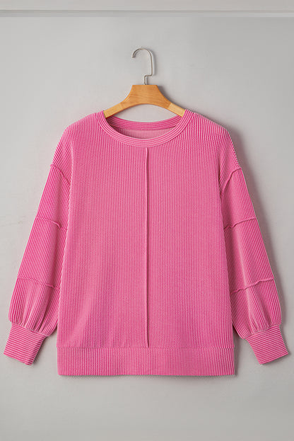 Plus Size Corded Knit Reverse Seam Long Sleeve Top