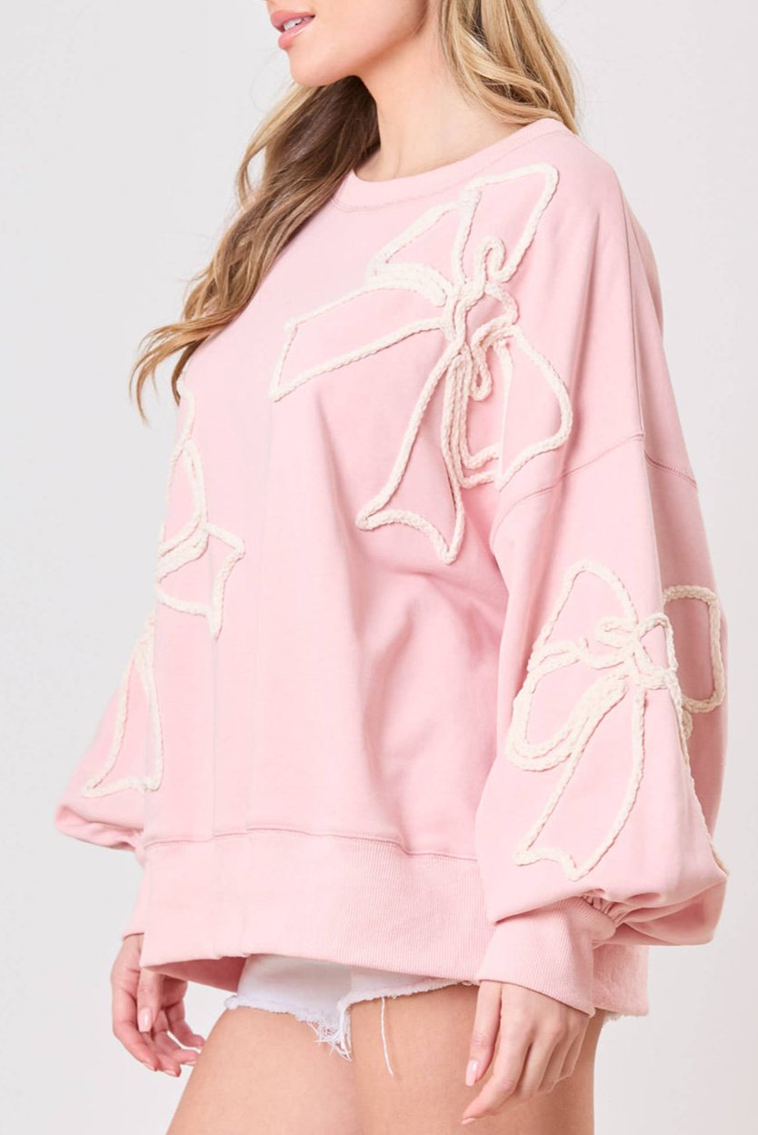 Bow Embroidered Ribbed Trim Sweatshirt