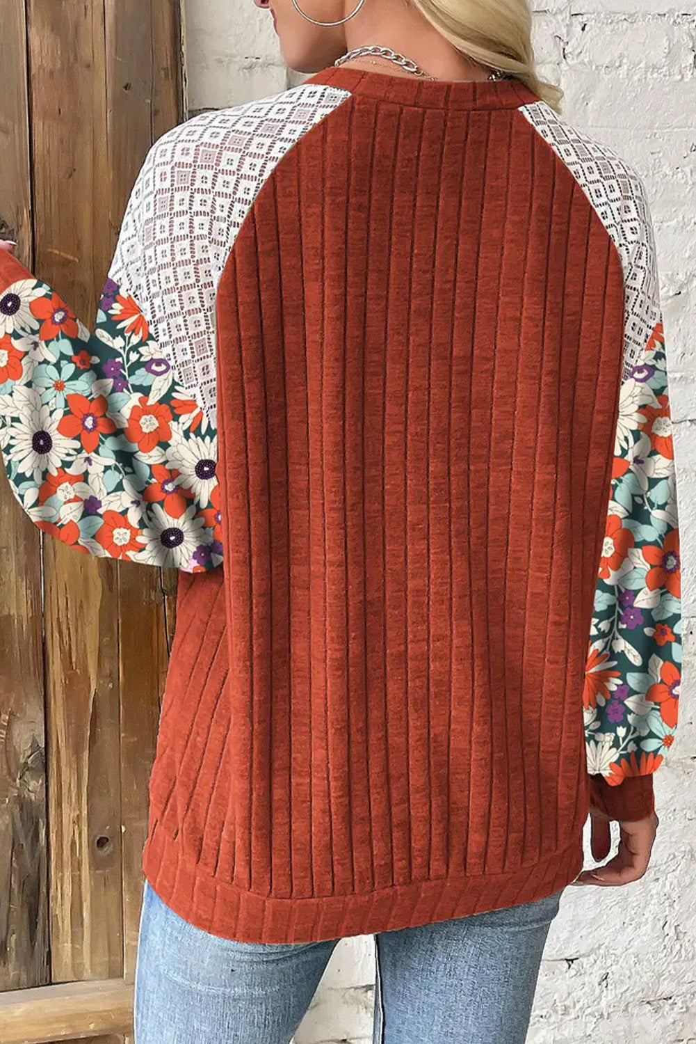 Floral Ribbed Long Sleeve Blouse