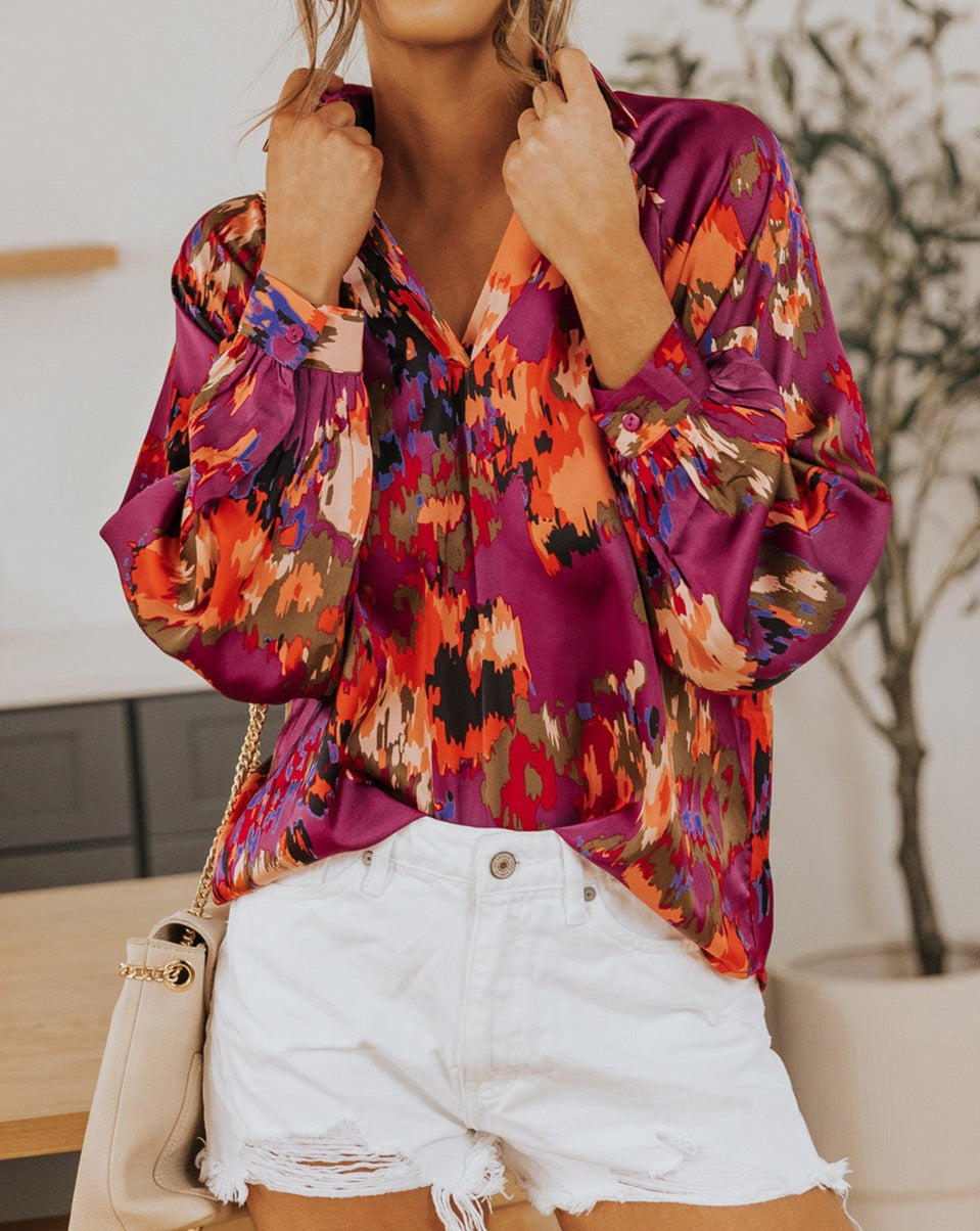 Abstract Floral Puff Sleeve Blouse