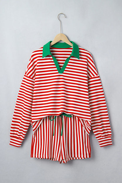 Stripe Colorblock Long Sleeve Collar Top & Shorts Set