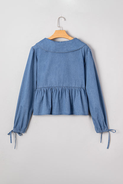 Denim Lapel Collar Balloon Sleeve Peplum Top