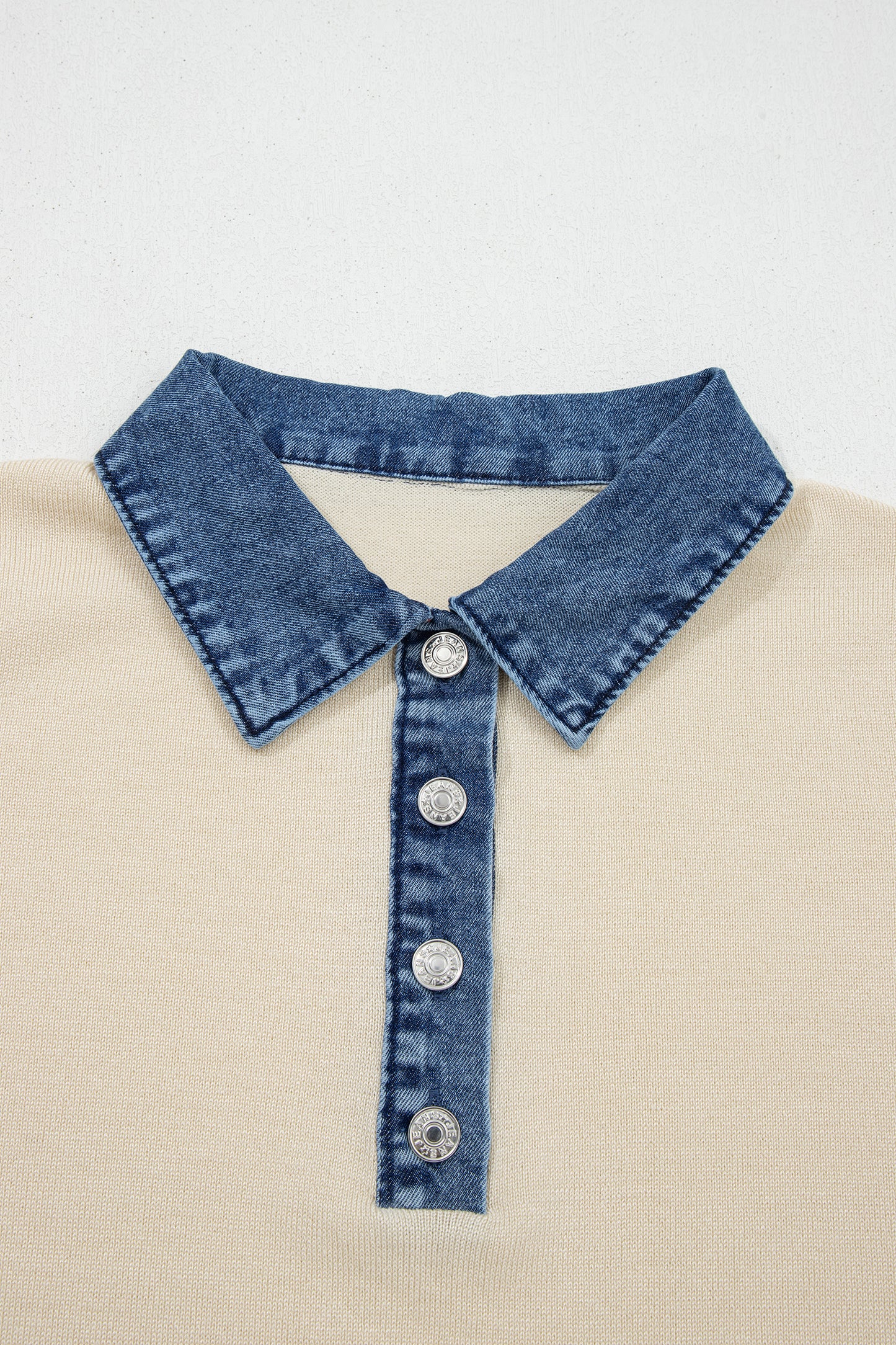 Denim Patchwork Polo Collar Short Sleeve Sweater
